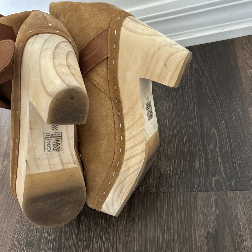 Free People Bungalow Suede Clog Leather Booties Wood Sole Women's Size 38 - Picture 7 of 10